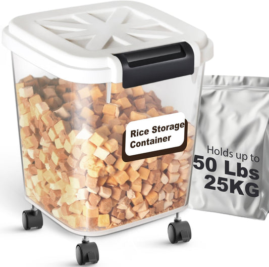 LivLab Mker Airtight Rice Storage Container 50 lbs, Attachable Wheels, for Dog Cat Bird and other Pet Food Storage Bin, Keep Fresh, Easy Mobility, BPA Free, White