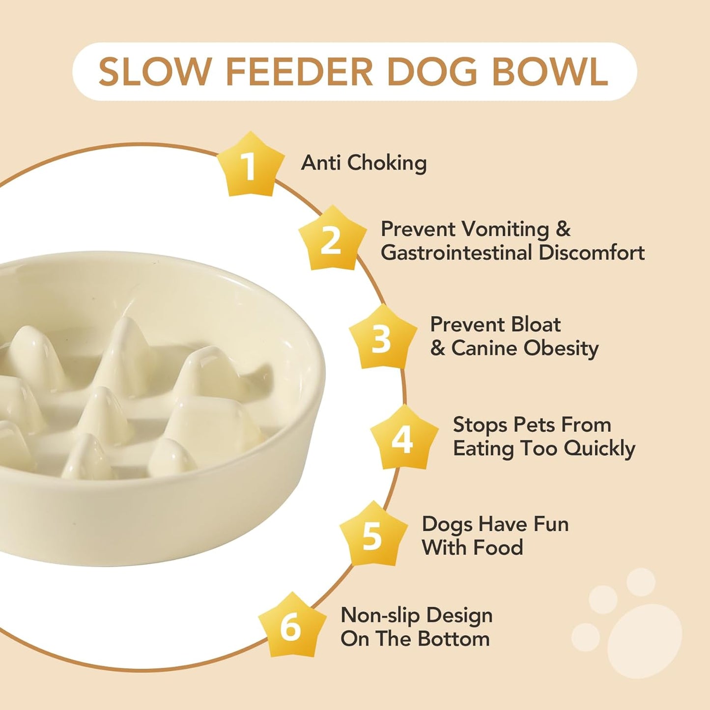 Ceramic 1.2 Cup Dog Raised Slow Feeder Set, Elevated Bowl with Wooden Stand for Medium and Small Dog, 7.3inch Slow Feeder Dish for Fast Easters (Beige, Single Bowl+ Stand)
