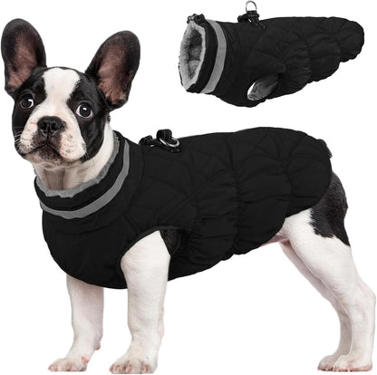 FUAMEY Dog Coat for Small Dogs,Waterproof Dog Winter Jacket with Harness Built in Puppy Cold Weather Coats Reflective Pet Vest with Zipper Warm Fleece Dogs Snowsuit Windproof Solid Black XS