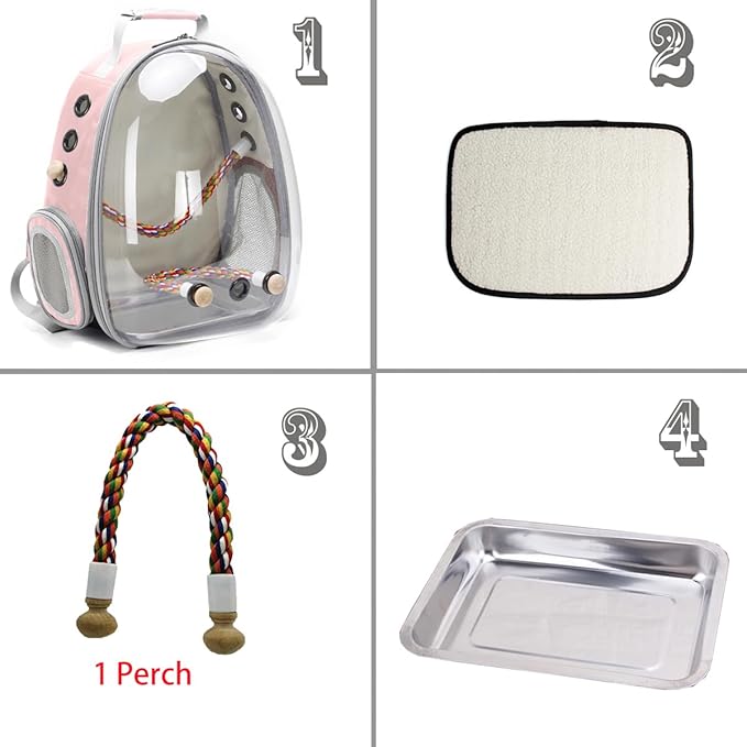 Bird Traval Carrier Cage, Clear Space Capsule Astronaut Backpack to Carry Parakeet Cockatiel Parrot with Metal Tray Wood Perch, Vet Transport Bag