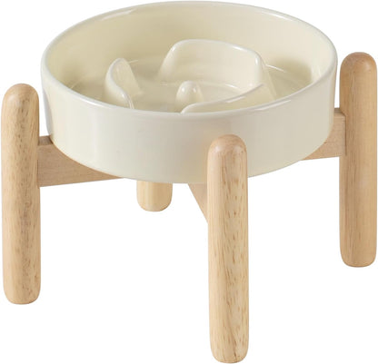 Ceramic 0.9 Cup Raised Dog Slow Feeder Set, Elevated Bowl with Wooden Stand for Small Dog and Cat, 6.1inch Puzzle Slow Dog Food Dish, Anti-Gulping(Beige, Single Bowl+ Stand)