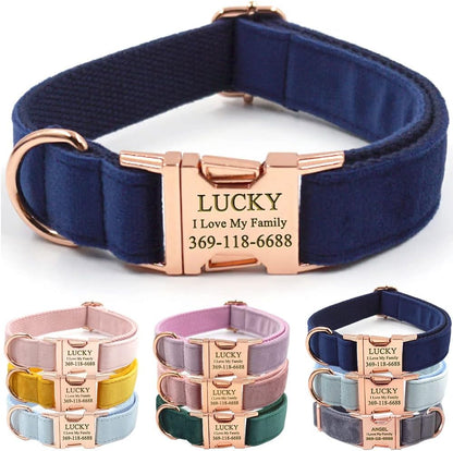 PETDURO Personalized Dog Collar Navy Blue Soft Velvet for Large Medium Small Boy Girl Dogs - Custom Collar with Name Phone Engraved on Rose Gold Metal Buckle - Add Matching Leash Set via Customize Now