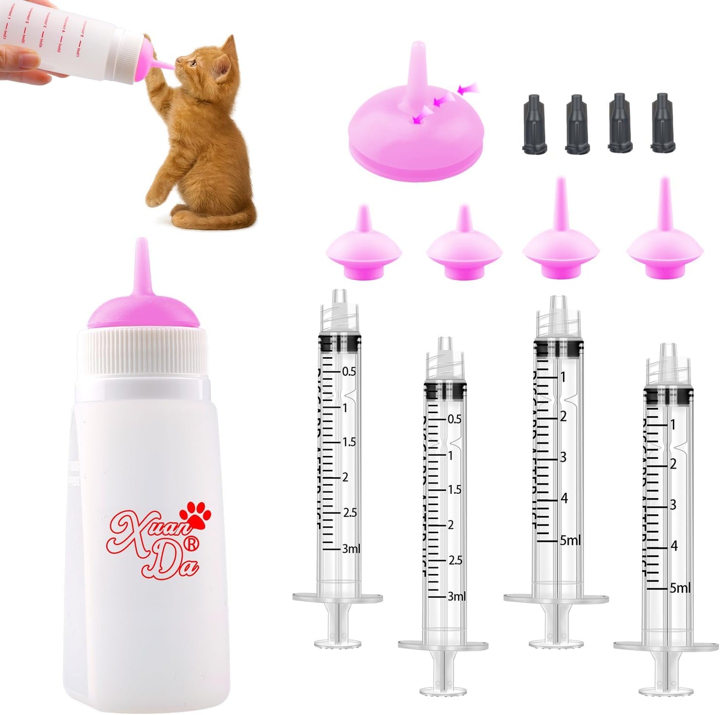 Kitten Bottle Feeding kit with Feeding Nipple and Syringe, Soft Silicone Nursing Pet Feeding Bottle, Ventilation Valve Resistant Tearing for Small Puppies, Kittens, Rabbit (M Nipple-Pink)