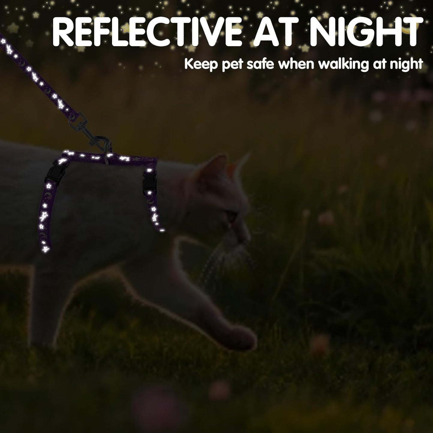 PAWCHIE Cat Harness with Leash and Collar Set - Escape Proof Adjustable H-shped Cat Harness with Star and Moon Pattern Glow in The Dark for Kitty Outdoor Walking