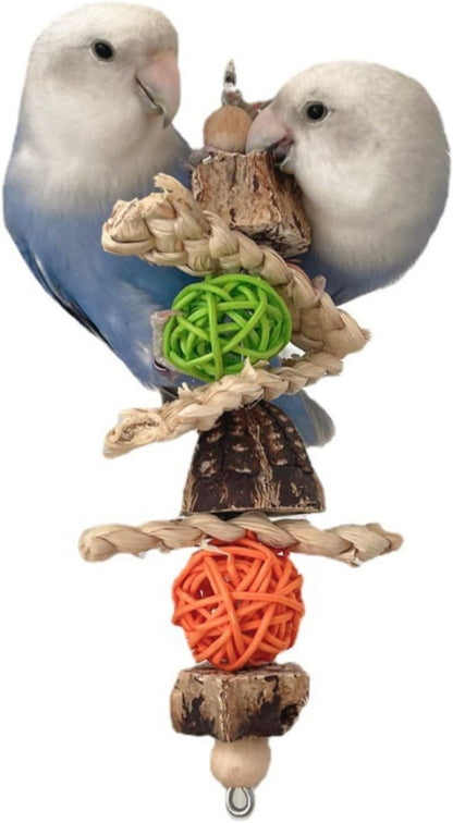 Parrots Chewing Toy Wood Block Nut Rattan Ball Corn Husk with Hanging Hook Entertainment Toy Wood Bird Toy for Parrots Chewing Block Cage Toy Accessories for Cockatiel Parakeets Random Color (1 Pcs)