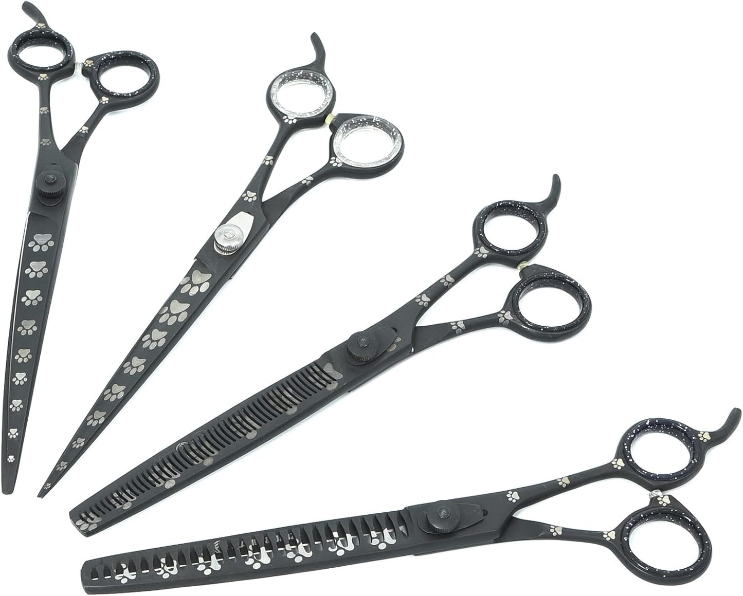 Professional Dog Grooming Scissors Set of Straight, Curved, Thinner/Blender and Chunker Shears with Paw Prints for Dogs, Cats & Pets (Right Handed, Black, Stainless Steel 8 Inch)