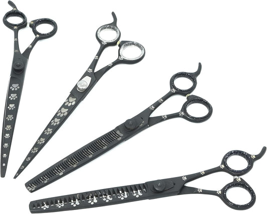 Professional Dog Grooming Scissors Set of Straight, Curved, Thinner/Blender and Chunker Shears with Paw Prints for Dogs, Cats & Pets (Right Handed, Black, Stainless Steel 8 Inch)