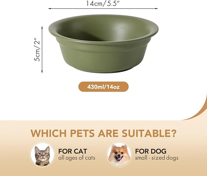 Ceramic 5.5inch Set of 2 Dog and Cat Bowls, 2pcs Basic Food and Water Dishes for Puppy, Kitty, Wide Opening Rounded Edge (2 Bowls, Olive Green)