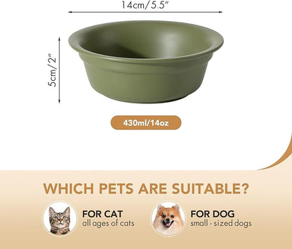 Ceramic 5.5inch Set of 2 Dog and Cat Bowls, 2pcs Basic Food and Water Dishes for Puppy, Kitty, Wide Opening Rounded Edge (2 Bowls, Olive Green)
