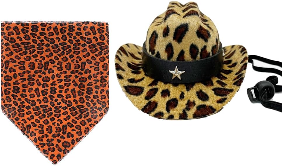 Dog Cowboy Costume Mini Leopard Cowboy Hat Pet Bandana Halloween Costume for Cat Size S