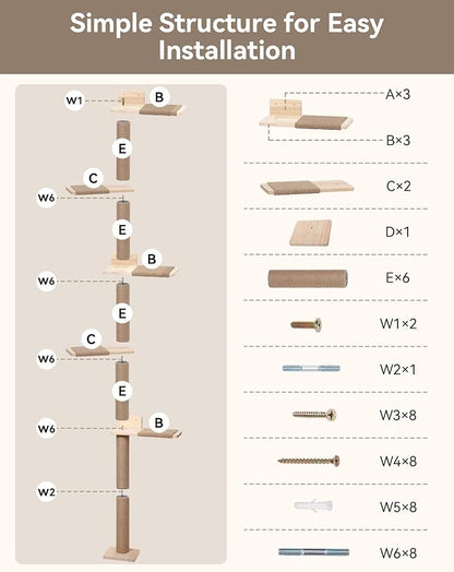 PawGiant Tall Cat Tree for Wall 83.9inch, Wood Cat Wall Shelves for Kittens, Wall-Mounted Cat Tower with Scratching Post for Play, Climb & Scratching, 5 Tier Platforms