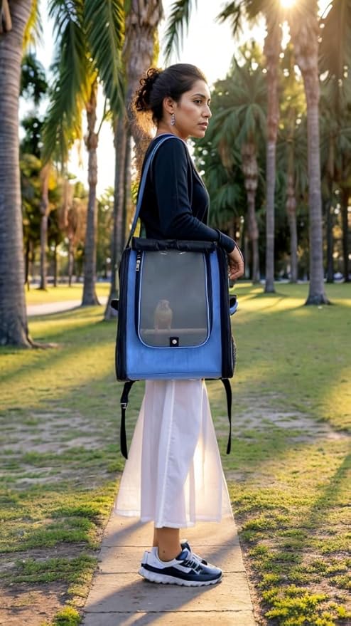 Birds Day Bird Carrier Backpack-Parrot Travel Cage with 2PCS Perch and Food Bowl, Stainless Steel Tray (Sky Blue)