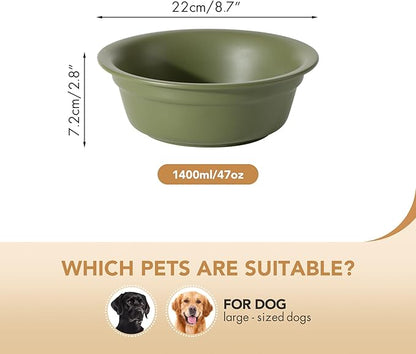 Ceramic 8.7inch Dog Bowl for Large Dogs, Basic Food and Water Bowl for Replacement, Wide Opening Rounded Edge(Single Bowls, Olive Green)