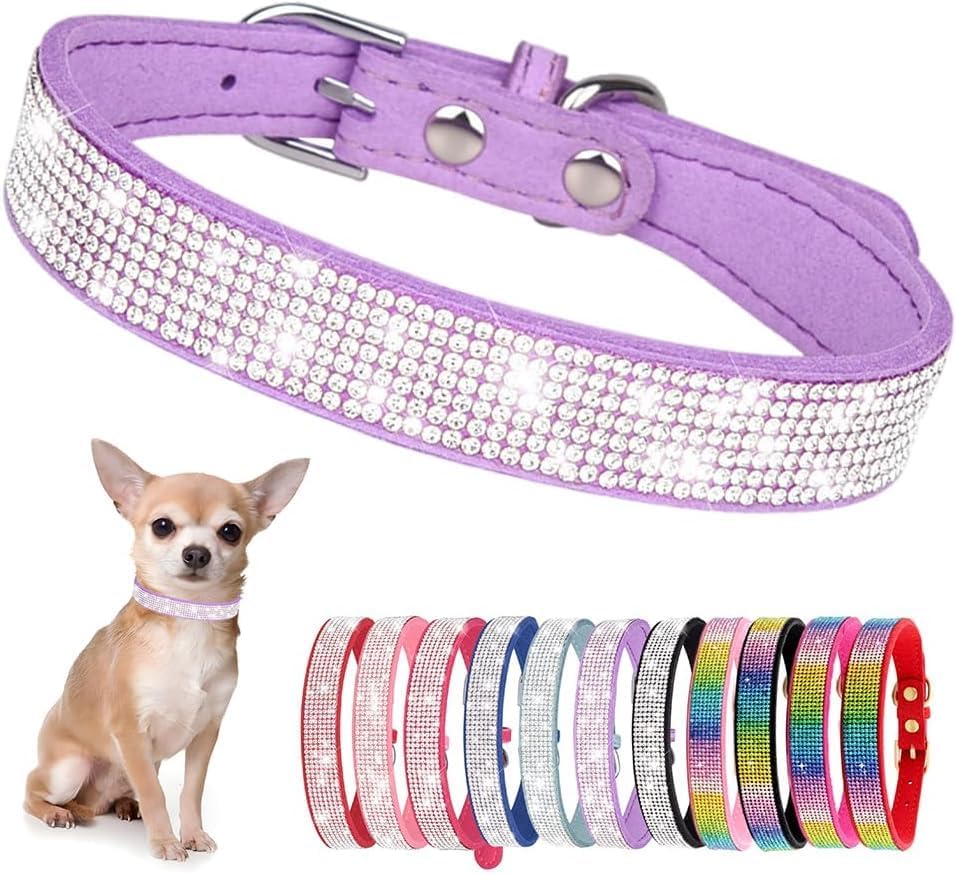 Serijoars Small Dog Collar with Rhinestone Crystal Diamond Colorful Bling Girl Puppy Cat Collars (L, Purple)