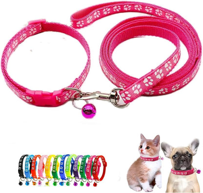 XS Dog Collar Leash Set, Nylon Puppy Collars with Bell Paw Print Basic Reflective Small Dog Collars Girls for XXS Xs Small Pet Animal Litter Tiny, Hot Pink