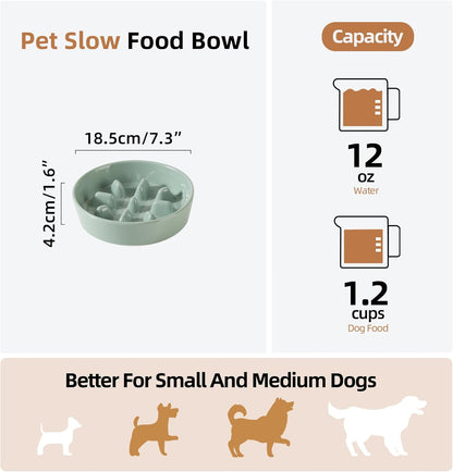 Ceramic 1.2 Cup Dog Bowl Slow Feeder, 7.3 inch Slow Pet Food Dish for Medium and Small Dog, Stop Bloat, Preventing Choking(Single Bowl, Light Green)