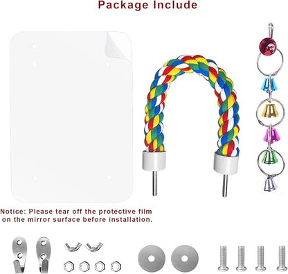 7" Bird Mirror with Rope Perch Bird Toys Swing, Comfy Perch for Greys Amazons Parakeet Cockatiel Conure Lovebirds Finch Canaries