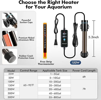 Orlushy 100W Submersible Aquarium Heater, Adjustable Fish Tank Heater with Digital Display External Controller, Overheat Protection and Free Thermometer for 10-20 Gallon Freshwater and Saltwater Tank