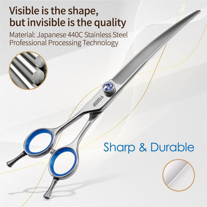 Left Handed Curved Scissors for Dog Grooming Professional 8 inch Long Downward Curved Shears Grooming for Poodle Large Dogs Pet 30°Japanese 440C Stainless Steel (8.0 curved)
