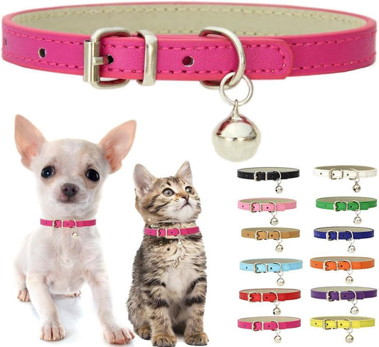 Hot Pink Puppy Collar with Bell, Soft Pu Leather Cat Collars Adjustable Buckle for XXS XS Extra Small Medium Tiny Female Girls Pets Dogs Kitten Teacup Yorkie S