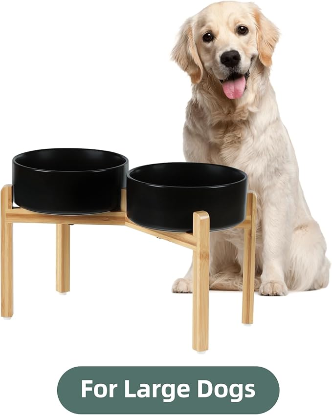 Ceramic Raised Double Bowls Set with Stand, Food & Water Bowls for Large Breed Dogs, Weighted Dog Dishes, Pet Bowl(8.2'',60OZ, Black)