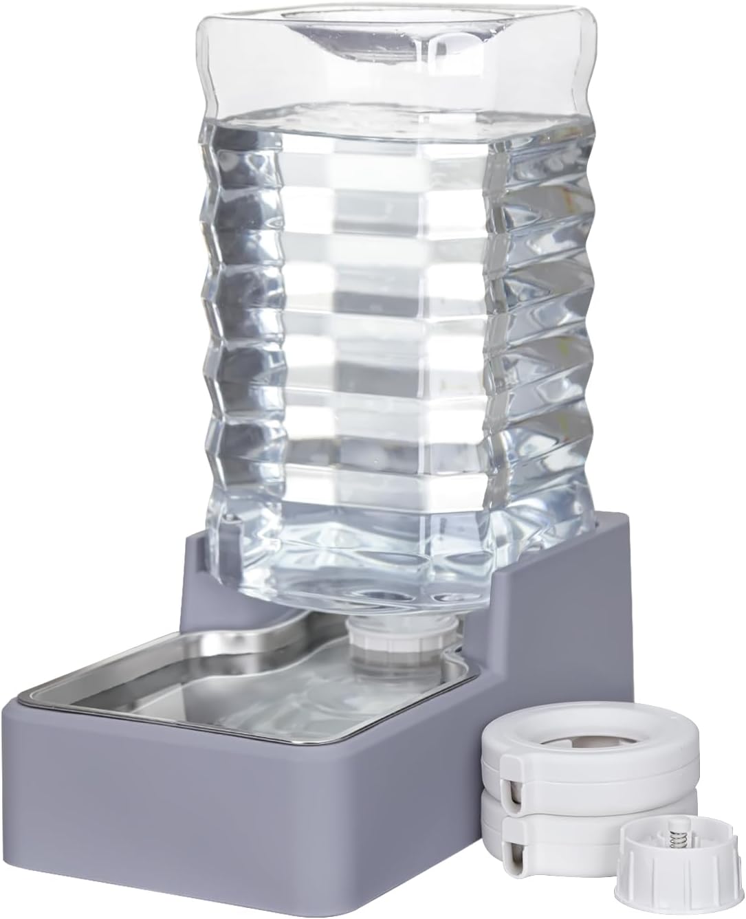 Sfozstra Automatic Lagre Water Dispenser: 9L Dogs Stainless Steel Gravity Light Gray Upgraded Feeder - Two Caps and Filters - Convenient Designed for Multiple Pets