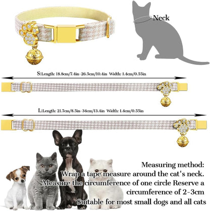 Personalized Breakaway Cat Collars - Magnetic Buckle, Bell - Safety Quick Release, Customized for Girls & Boys Cats- (Houndstooth-Khaki)