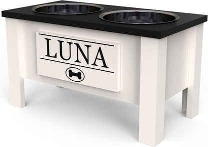 GrooveThis Woodshop - Personalized Elevated Dog Bowl Stand for Large, Medium, Small, X-Small Dogs - Stainless Steel Food and Water Bowls - Raised Dog Dish with Internal Storage (Large, Black)