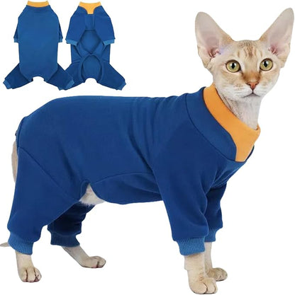 T'CHAQUE Sticky Hair Cat Onesie - Soft Long Sleeve Cat Pajamas, Anti-Shedding,Surgery Recovery Suit, Wound Protection & Preventing Licking, Kitten Sweaters for Male Female, Blue-2XL
