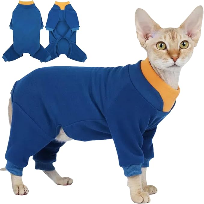 T'CHAQUE Sticky Hair Cat Onesie - Soft Long Sleeve Cat Pajamas, Anti-Shedding,Surgery Recovery Suit, Wound Protection & Preventing Licking, Kitten Sweaters for Male Female, Blue-L
