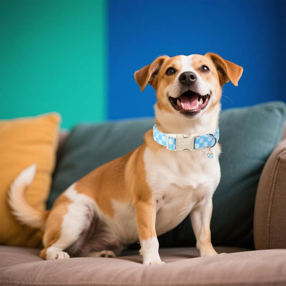 DOGWONG Blue Checkered Dog Collar, Blue Plaid Dog Collars, Adjustable Cute Boy Pet Collars Girl Design Dog Collar for Small Medium Large Dogs