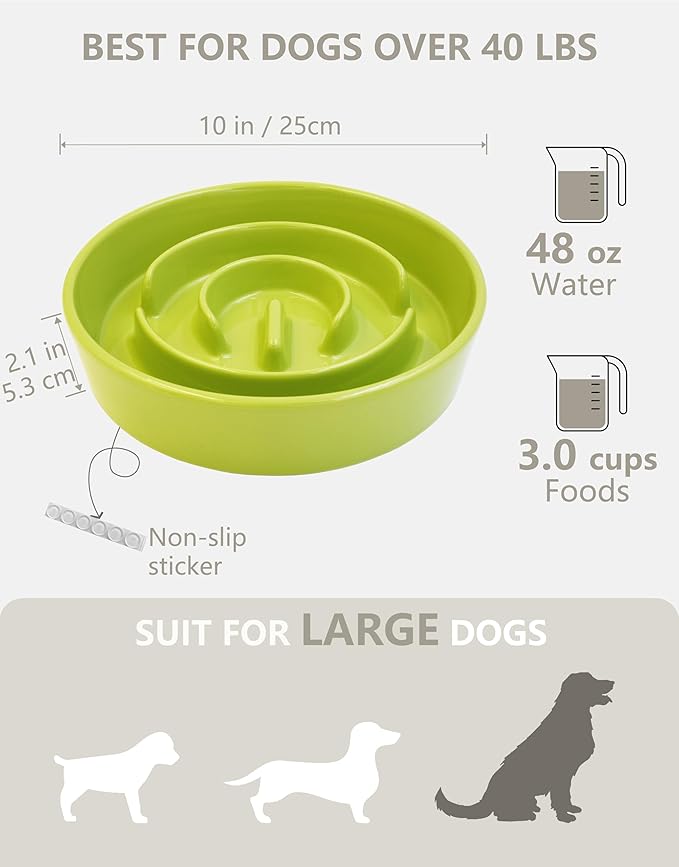 Ceramic Slow Feeder Bowls for Large Dogs, 3.0 Cups Slow Feeder for Fast Eaters, 48oz, 10in, Green