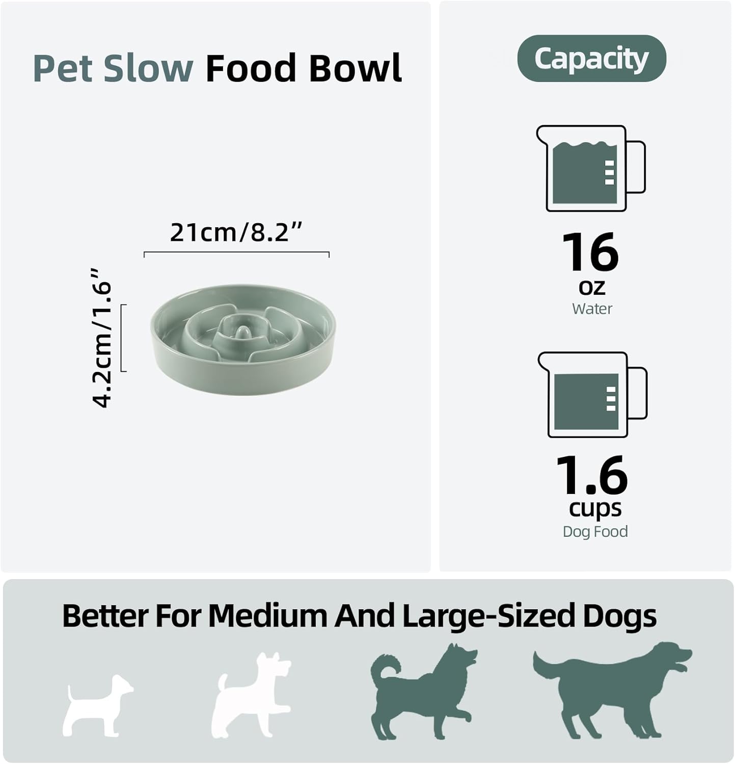 Ceramic 1.6 Cup Slow Feeder Dog Bowl for Medium and Large Breed, 8.2inch Puzzle Dog Food Dish, Anti-Gulping, Stop Bloat, Preventing Choking (Single Bowl-Light Green)