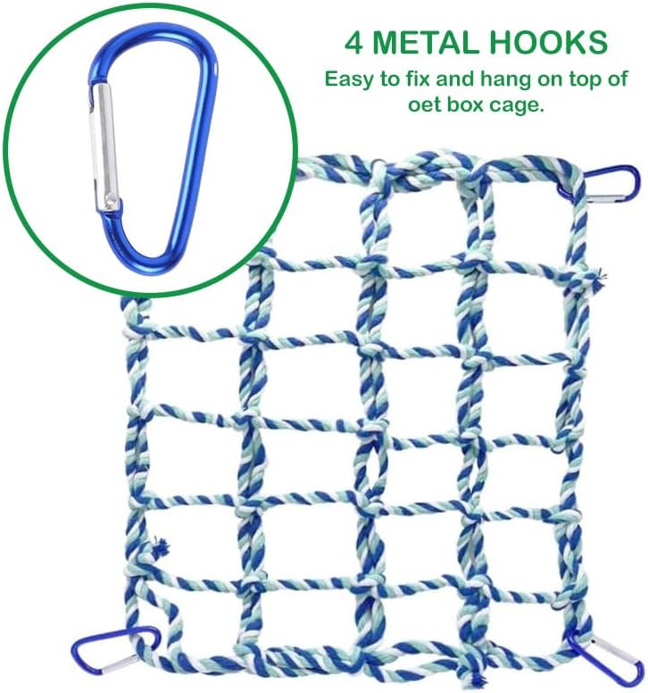 2 Pcs Rat Climbing Ropes for Cage - Rat Accessories - 12.6 x 9.84 inch Hammock - Cotton Rope Bridge - Bird Ladder with 4 Silver Hooks (Blue)