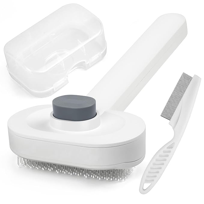 Soft Cat Brush for Indoor Cats Shedding with Protective Case, Flea Comb Included, Self-Cleaning Slicker Brush for Cats, Sensitive Cat Pet Hair Removal Tools Grooming Supplies