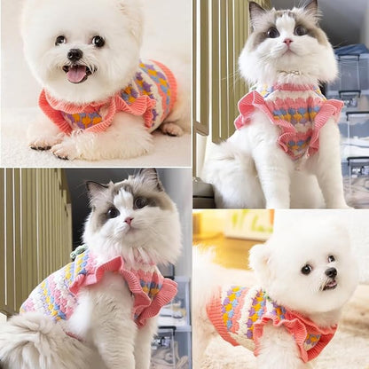 Small Dog Sweater, Knitted Tulip Cat Sweater, Warm Thick Holiday Puppy Clothes for Small Dog Girl,Cold Weather Outfit for Kitten Chihuahua Yorkie Teacup Dachshund Pug (Pink, X-Small)