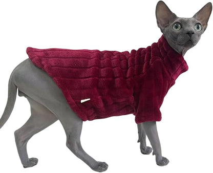 Turtleneck Sweater for Sphynx Cat Soft Coral Fleece Cat Clothes Thick Winter Warm Outfit Coat for Hairless Cats and Small Dogs Apparel with Sleeves (Wine, S (3-5 lbs))