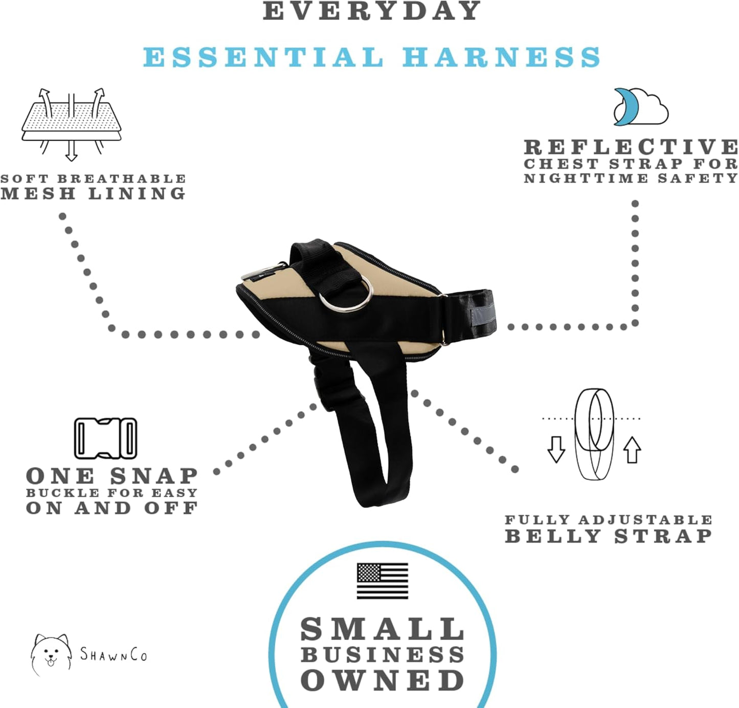ShawnCo Essential Dog Harness, No-Pull Pet Vest with 3 Leash Clips, No Choke, Reflective, Adjustable and Padded, for Easy Walking and Training for Small, Medium and Large Dogs (Driftwood, L)