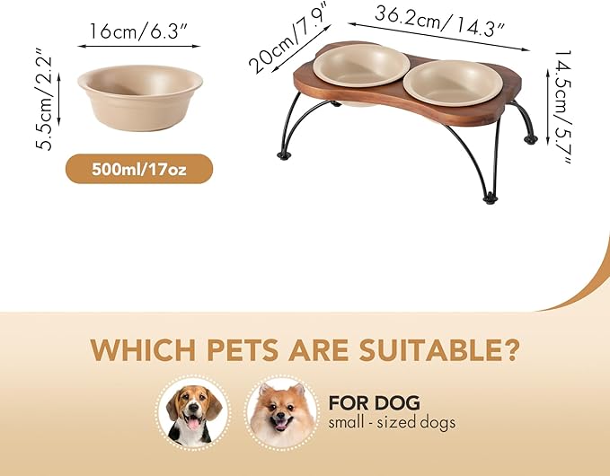 Ceramic 6.3-inch Raised Double-Bowl Set with Non-Slip Stand, Food & Water Dishes for Small and Medium Dogs, Wide Opening with Rounded Edges(Oat Beige)