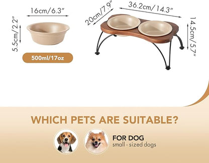 Ceramic 6.3-inch Raised Double-Bowl Set with Non-Slip Stand, Food & Water Dishes for Small and Medium Dogs, Wide Opening with Rounded Edges(Oat Beige)