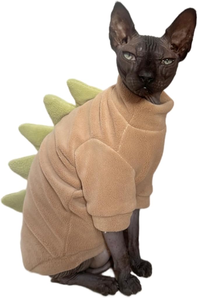 Dinosaur Sphynx Cat Clothes, Soft Polar Fleece Sweater for Cat, Elastic Pet Clothes Thick Winter Warm Outfit for Hairless Cat, Devon, Cornish, Small Dogs Apparel with Sleeves (Khaki, X-Large)