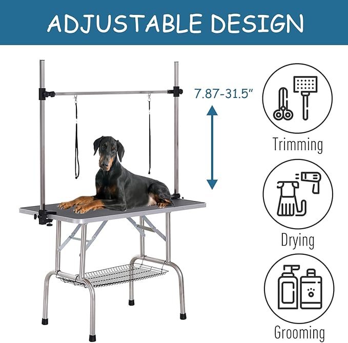 36" Dog Grooming Table Foldable Pet Grooming Tables with Adjustable Arm Noose Storage Mesh Tray Maximum Capacity Up to 330lbs Black