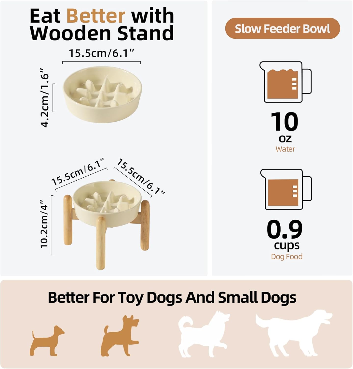Ceramic 0.9 Cup Dog Raised Slow Feeder Set, Elevated Bowl with Wooden Stand for Small Dog, 6.1inch Pet Slow Feeder Dish for Fast Easters, Preventing Choking (Beige, Single Bowl+ Stand)