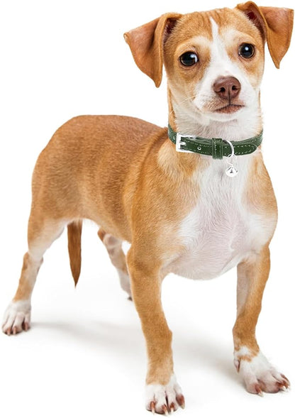 PUPTECK 2 PCS Soft Genuine Leather Cat Kitten Collar with Bells Adjustable for Girl Boy Cats Puppy - White, Deep Green