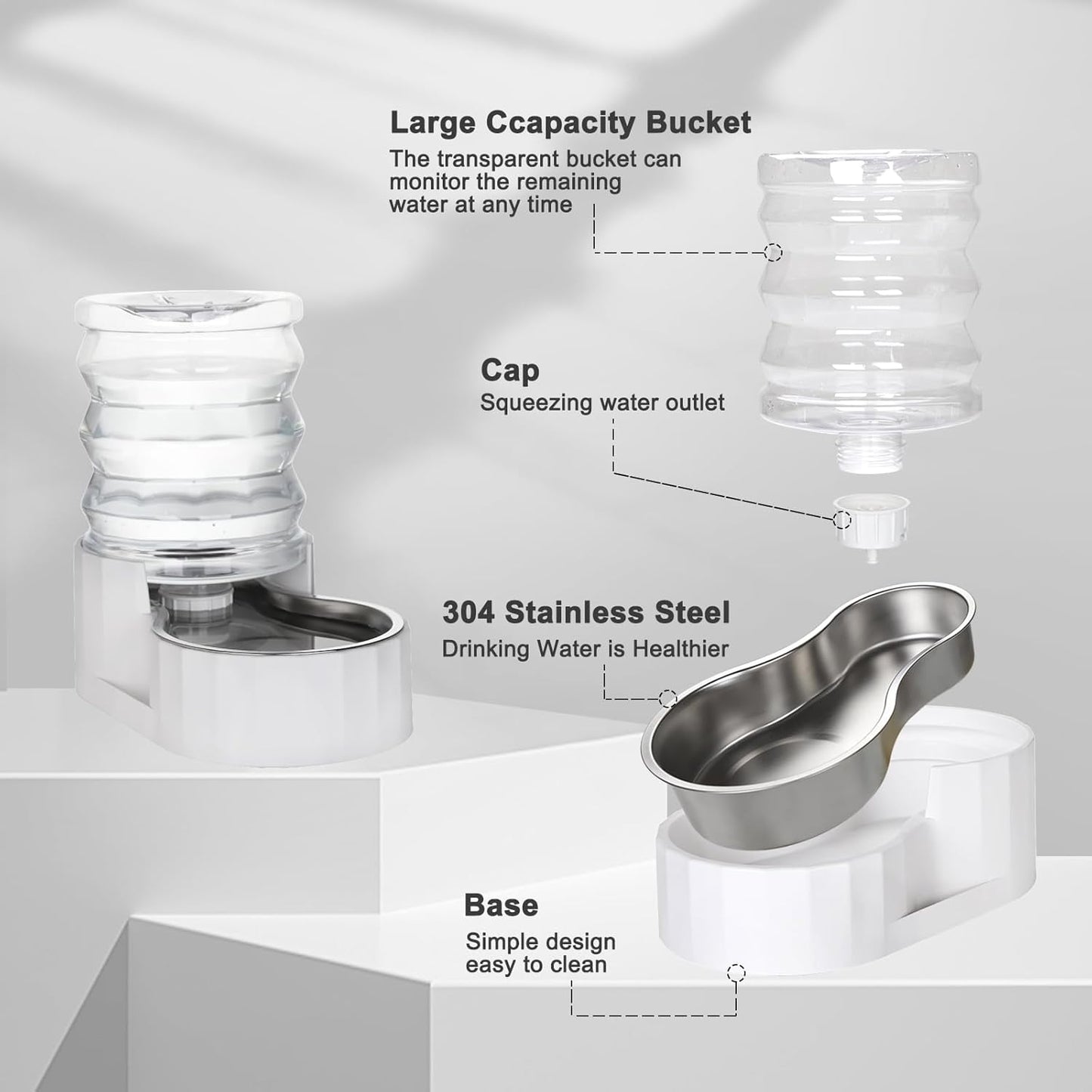 RIZZARI Gravity Water Bowl Dispenser: 4L Automatic Stainless Steel Water Feeder Without Filter - White Pet Waterer for Senior Dogs with Spine Problems - in Bedroom Garden