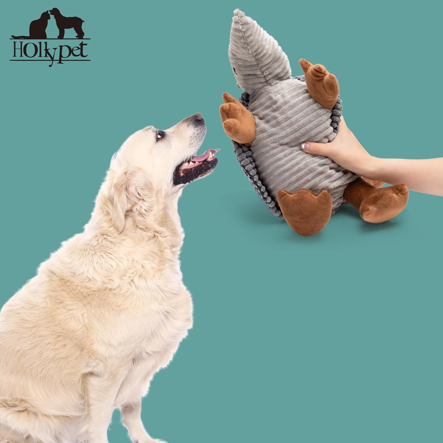 Hollypet Plush Dog Squeaky Toy Stuffed Armadillo Animal Pet Puppy Chew Toys with Clean Teeth for Small Medium Large All Breed Sizes Dogs, Dark Gray, 10 in