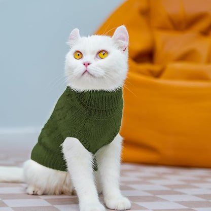 PUPTECK Winter Cat Sweater Coat - Soft Warm Cold Weather Clothes Knitwear for Kittens & Small Dogs Indoor Outdoor Wearing, Knitted Classic for Doggies Kitties Girls Boys, Dark Green, S