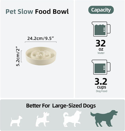 Ceramic 3.2 Cup Slow Feeder Dog Bowl for Large Dog, 9.5inch Puzzle Food Dish, Anti-Gulping, Stop Bloat, Preventing Choking (Single Bowl-Beige)
