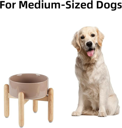 Ceramic 7.3inch Raised Dog Bowl Set, Elevated with Wooden Stand, Food and Water Bowl for Medium Breed Dogs, Weighted Dog Dishes, Pet Feeder(Brown Coffee)