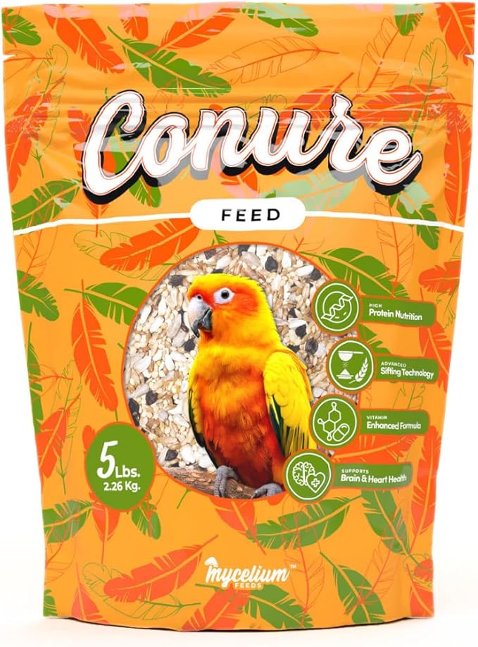 Mycelium Conure Feed (5 LB Bag) | Certified Organic, Non‑GMO Conure Food | Natural, Filler‑Free Bird Seed with Hulled Grains | Supports Brain, Heart & Digestive Health | Made in USA